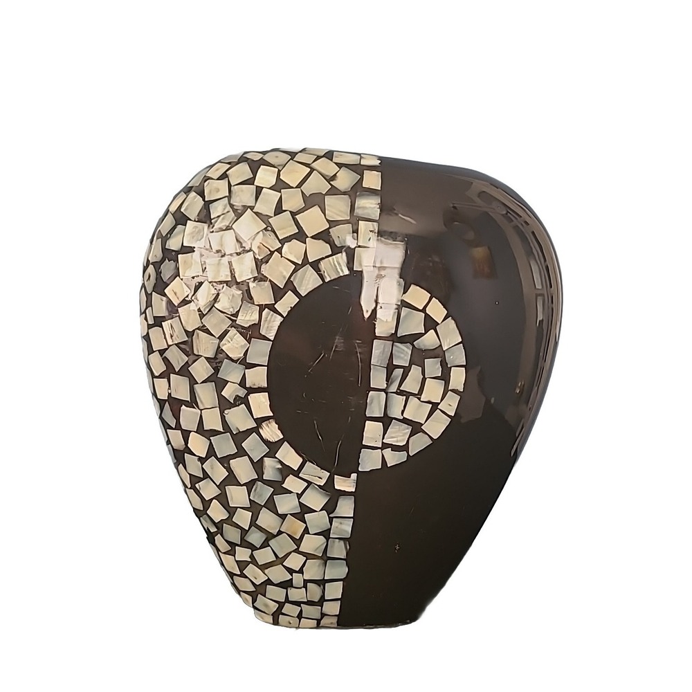 Vtg Black and White  Mother Of Pearl Inlaid Glossy Black Vase Mid-Century Pier1